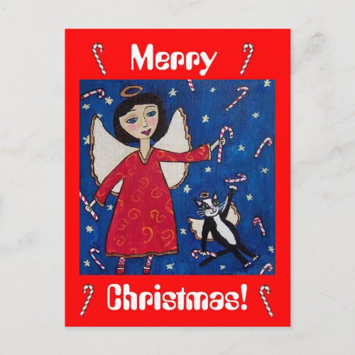 Candy Cane Christmas Angel and Cat Postcard