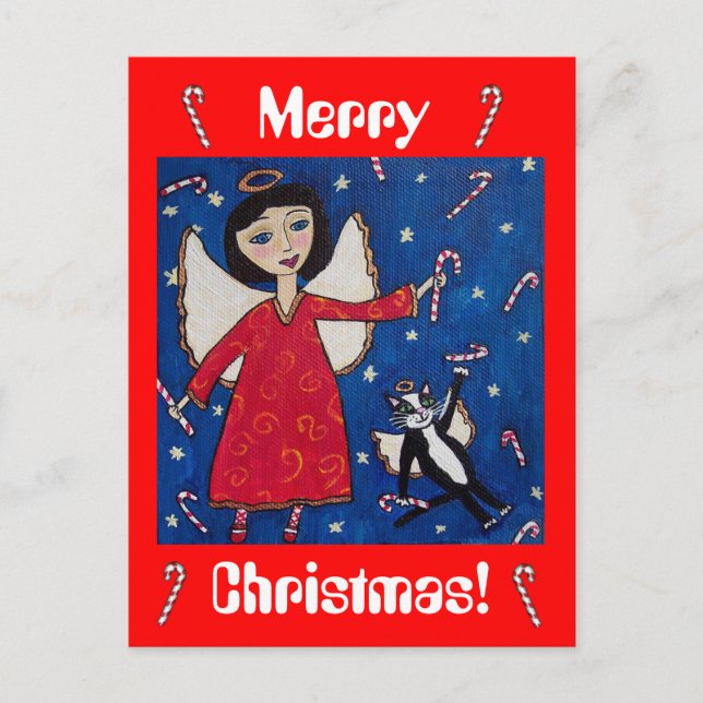 Candy Cane Christmas Angel and Cat Postcard (Front)
