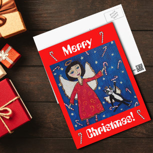 Candy Cane Christmas Angel and Cat Postcard