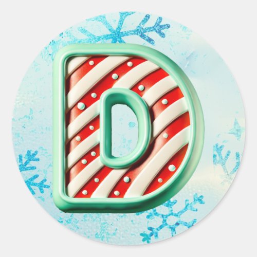 Candy Cane Christmas "D" Sticker, Festive Stripes Classic Round Sticker