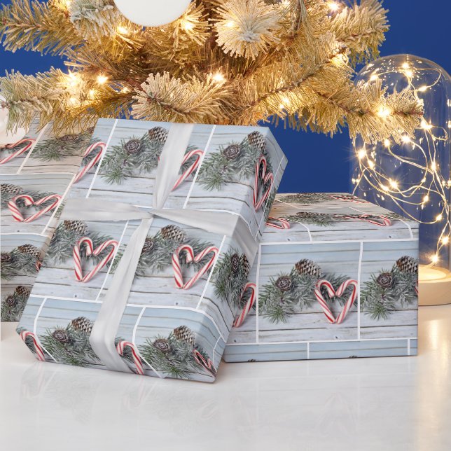 Candy Cane Christmas Hearts and Pine Wrapping Paper (Holidays)