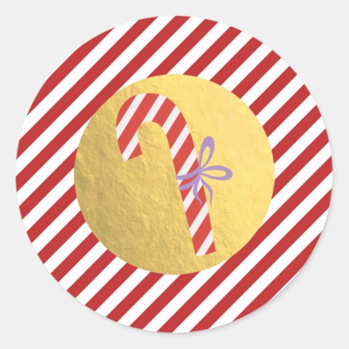 Candy Cane Christmas Holiday Red Stripes Gold Foil Classic Round Sticker