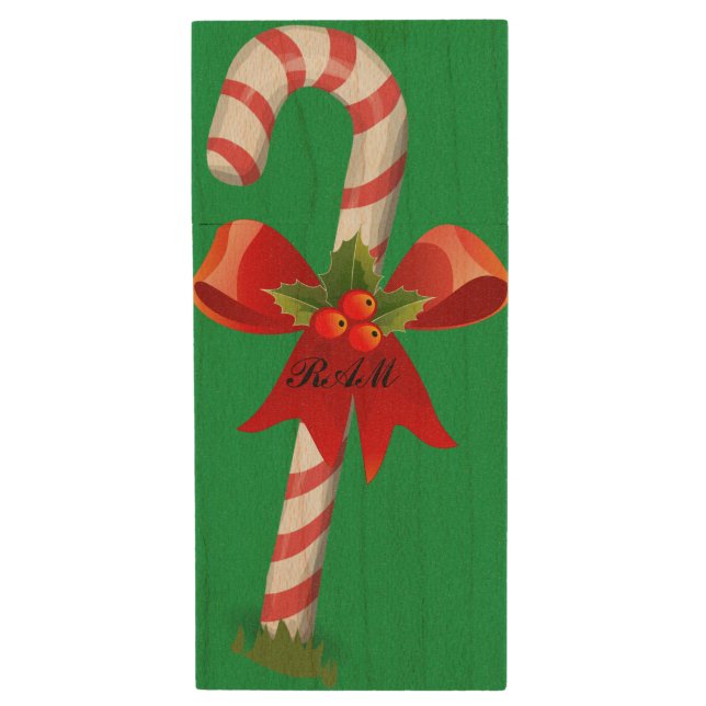 Candy Cane Christmas Initial Script Personalized Wood Flash Drive (Front Vertical)