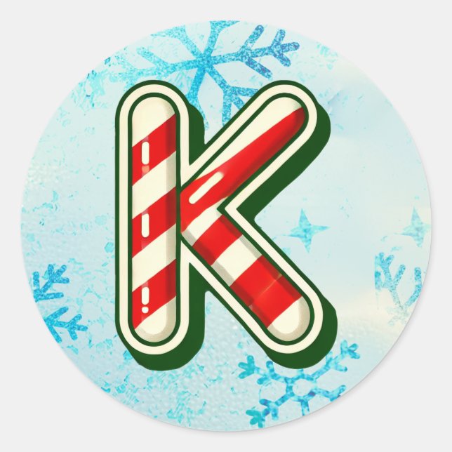 Candy Cane Christmas "K" Sticker, Festive Stripes Classic Round Sticker (Front)