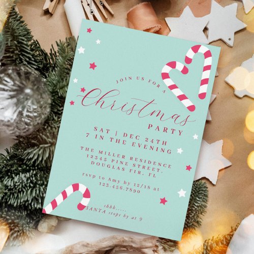 Candy Cane Christmas Party Invitation Pastel Green