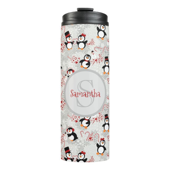 Candy Cane Christmas Penguins Personalized Name Thermal Tumbler (Front)