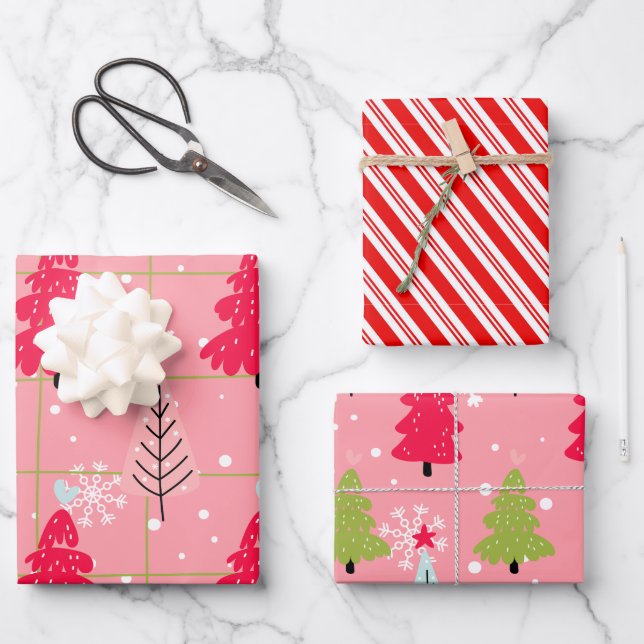 Candy Cane Christmas Pink Tree Doodle Wrapping Paper Sheets (Front)