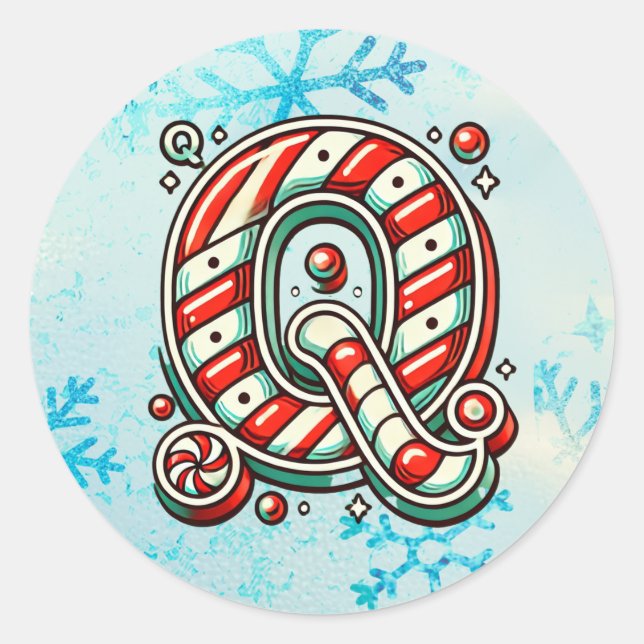 Candy Cane Christmas "Q" Sticker, Festive Stripes Classic Round Sticker (Front)