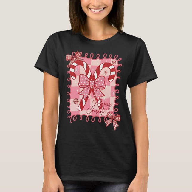 Candy Cane Christmas Season Cute Coquette Bow T-Shirt (Front)