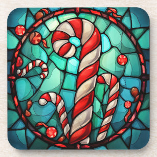 Candy Cane Christmas Stained Glass Beverage Coaster