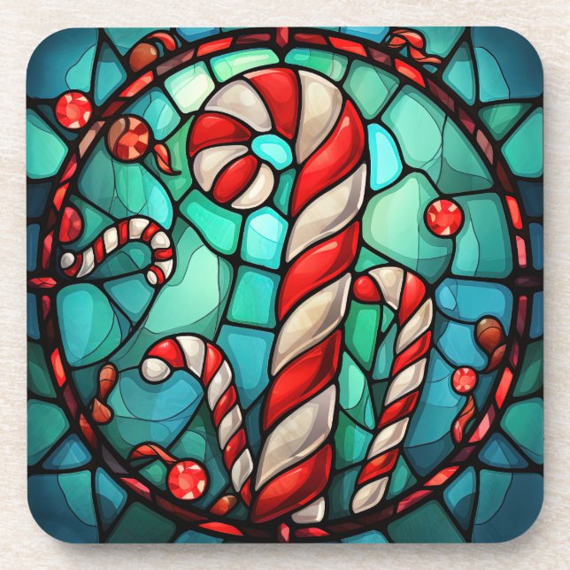 Candy Cane Christmas Stained Glass Beverage Coaster (Front)