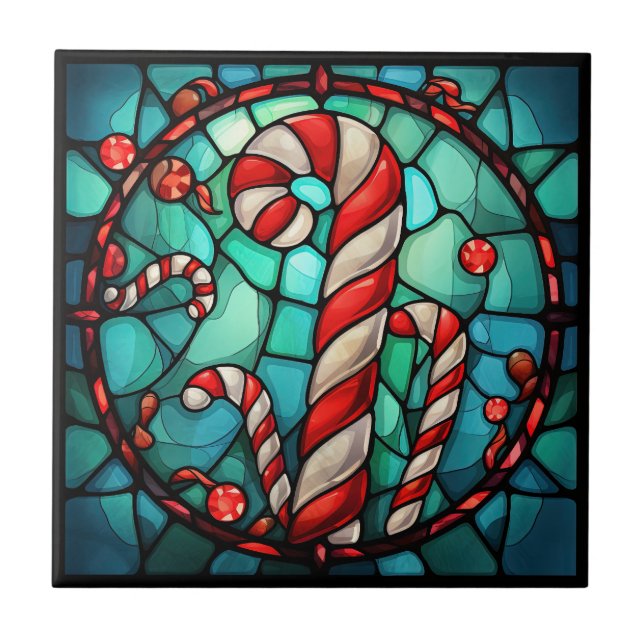 Candy Cane Christmas Stained Glass Ceramic Tile (Front)