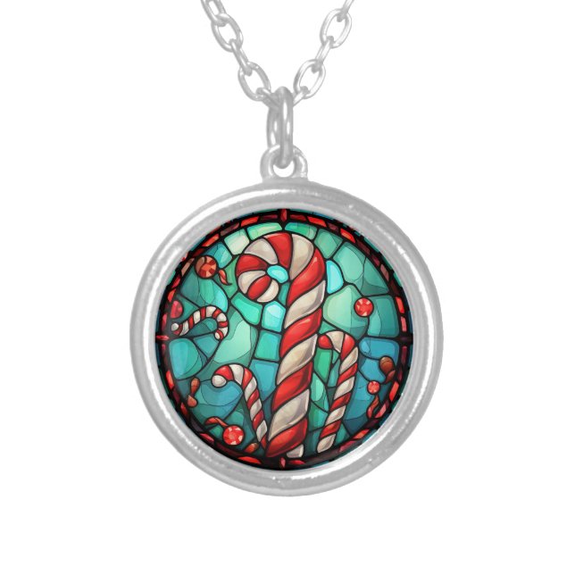 Candy Cane Christmas Stained Glass Silver Plated Necklace (Front)