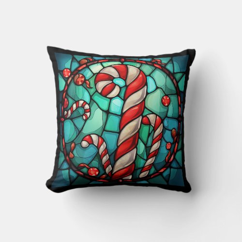 Candy Cane Christmas Stained Glass Throw Pillow