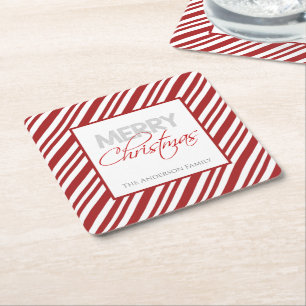 Candy Cane Christmas Stripe Custom Square Paper Coaster