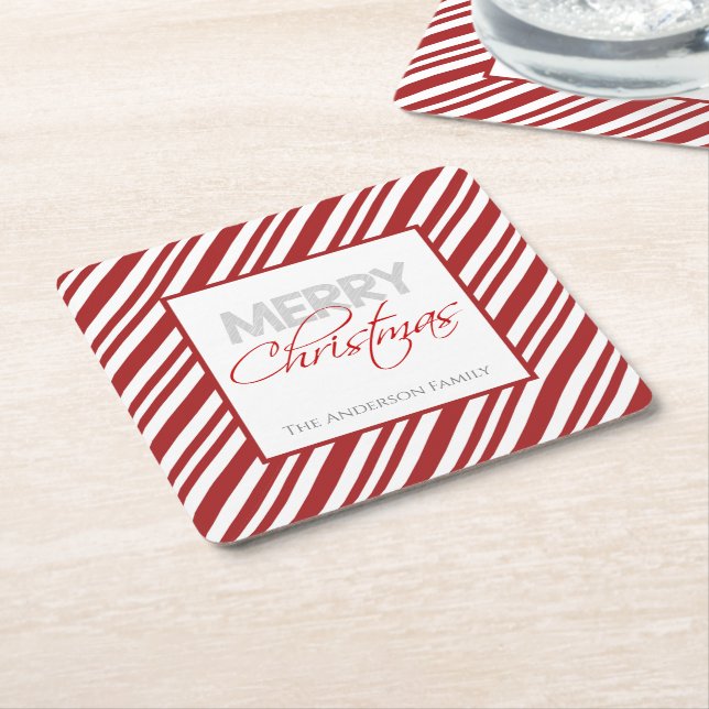 Candy Cane Christmas Stripe | Custom Square Paper Coaster (Angled)