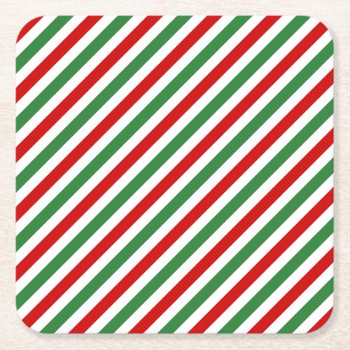 Candy Cane Christmas Stripes Red Green Square Paper Coaster
