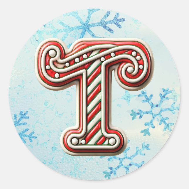 Candy Cane Christmas "T" Sticker, Festive Stripes Classic Round Sticker (Front)
