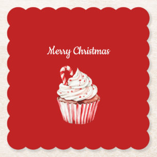 Candy Cane Cupcake Christmas Paper Coaster