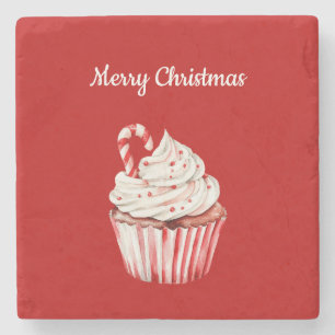 Candy Cane Cupcake Christmas Stone Coaster