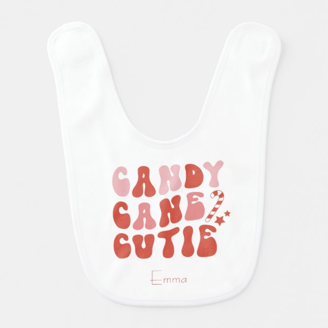 Candy Cane Cutie Christmas Holiday with Name Baby Bib (Front)
