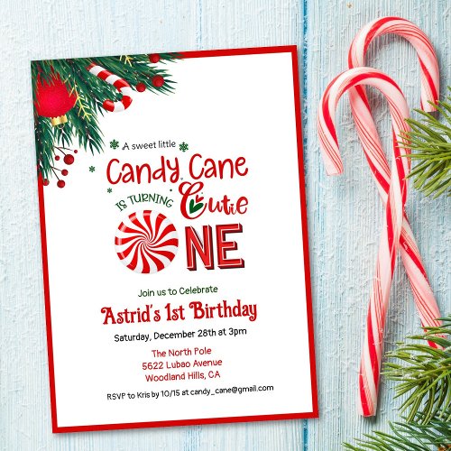 Candy Cane Cutie First Birthday Invitation