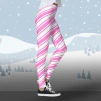 Candy Cane Diagonal Stripe White Pink Christmas Leggings