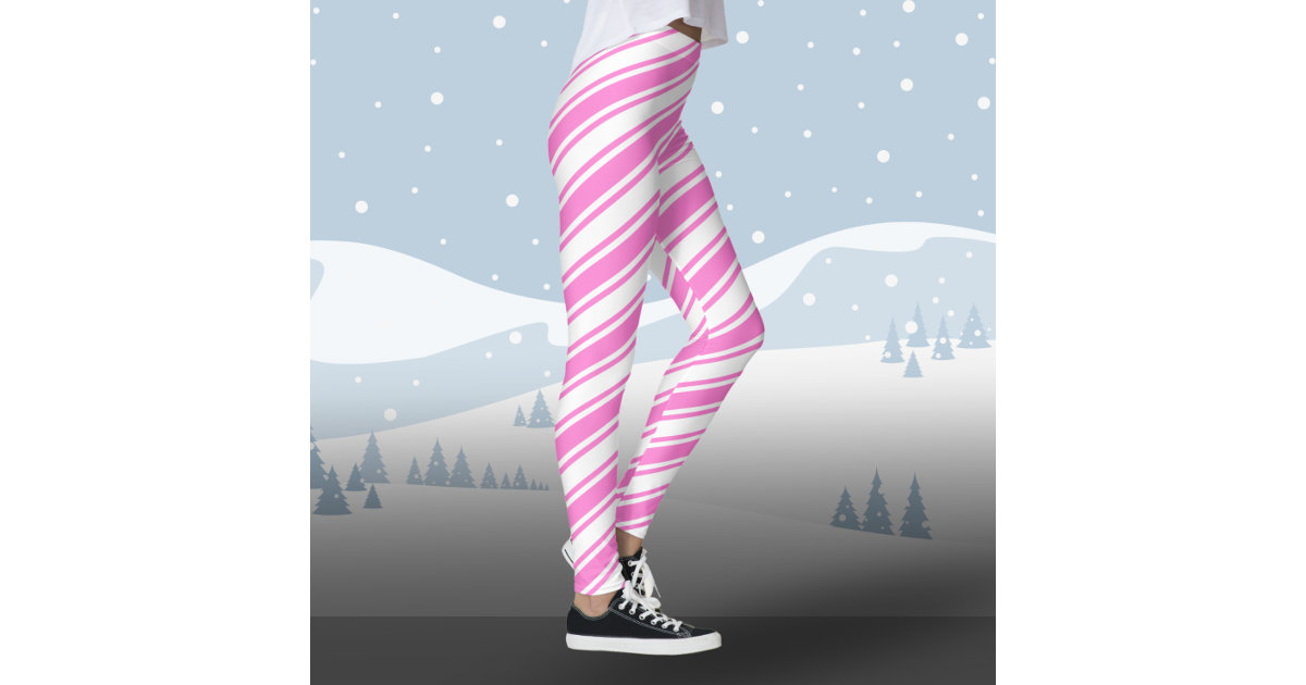 Red White Diagonal Candy Cane Stripes Holiday Leggings