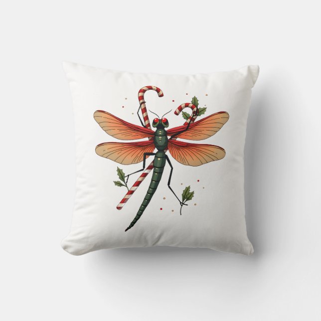 Candy Cane Dragonfly Throw Pillow (Front)