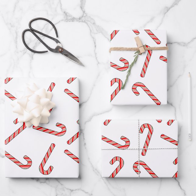 Candy Cane Drawings In Red Green White Wrapping Paper Sheets (Front)