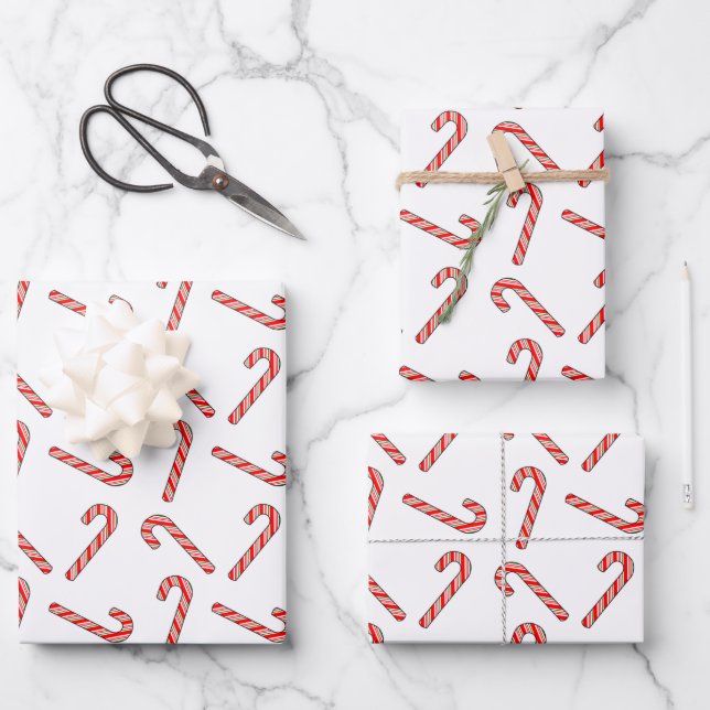 Candy Cane Drawings In Red Green White Wrapping Paper Sheets (Front)