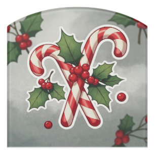 Candy Cane Duo With Holly And Berries Door Sign