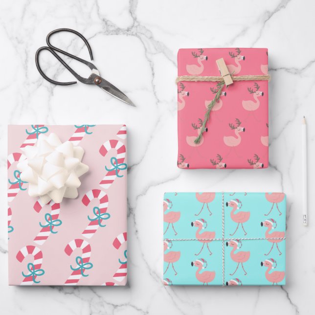 Candy Cane & Flamingos - Cute Tropical Christmas  Wrapping Paper Sheets (Front)