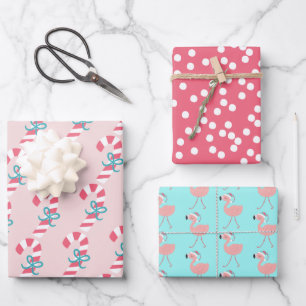 Candy Cane, Flamingos & dots Tropical Christmas Wrapping Paper Sheets