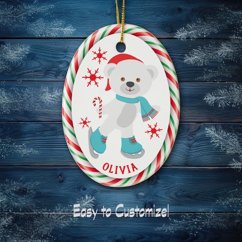 Candy Cane Frame Skating Polar Bear Ceramic Ornament