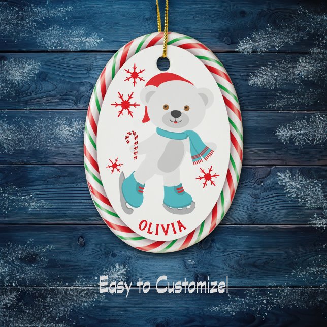 Candy Cane Frame Skating Polar Bear Ceramic Ornament (Creator Uploaded)