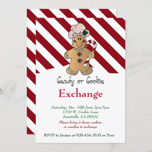 Candy Cane Gingerbread Cookie  Candy Exchange Invitation