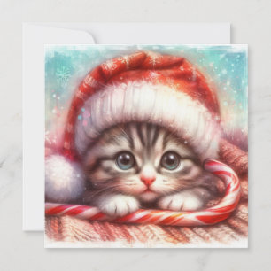 Candy Cane Gray Kitten Christmas Card