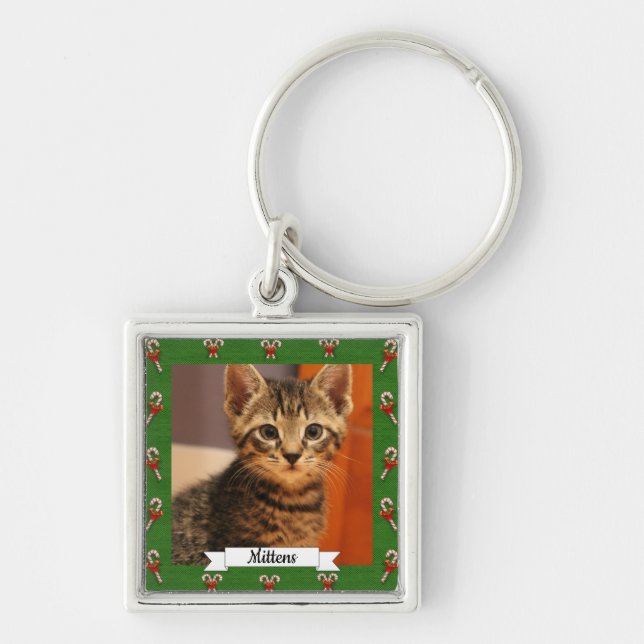 Candy Cane Green Frame Customizable Kitty Keychain (Front)