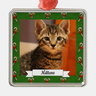 Candy Cane Green Frame Customizable Kitty Metal Ornament