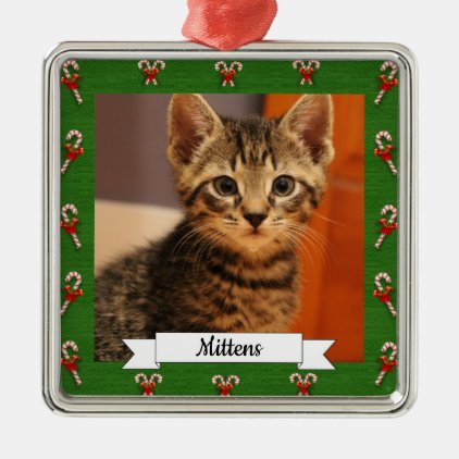 Candy Cane Green Frame Customizable Kitty Metal Ornament