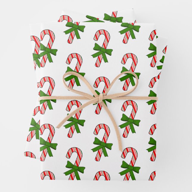 Candy Cane Green Ribbons Drawings Christmas Wrapping Paper Sheets (In situ)