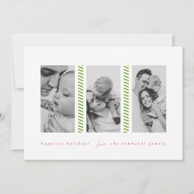 Candy Cane Green Three Photo Holiday Card (Front)