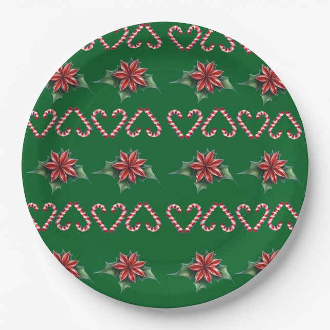 Candy Cane Heart and Holly Pattern – Festive Chris Paper Plates (Front)