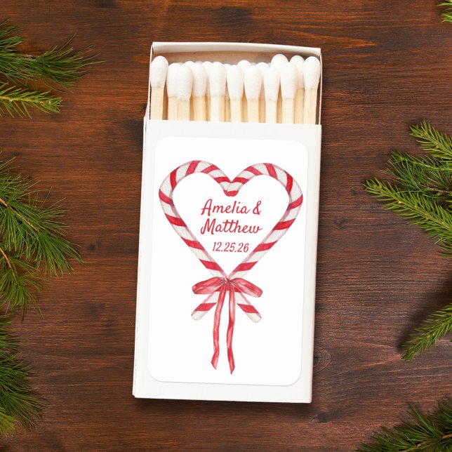 Candy Cane Heart & Bow | Custom Christmas Wedding Matchboxes (Perfect for a holiday wedding or cozy Christmas decor! Personalized matchbox with a candy cane heart)