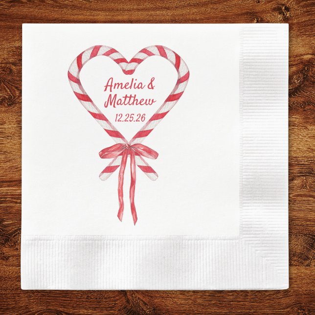 Candy Cane Heart & Bow | Custom Christmas Wedding Napkins (Creator Uploaded)