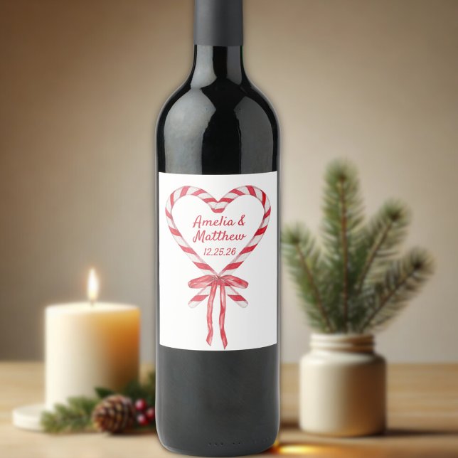 Candy Cane Heart & Bow | Custom Christmas Wedding Wine Label (Creator Uploaded)
