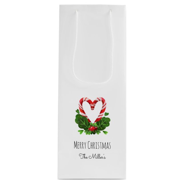 Candy Cane Heart Merry Christmas NAME Festive Fun Wine Gift Bag (Front)