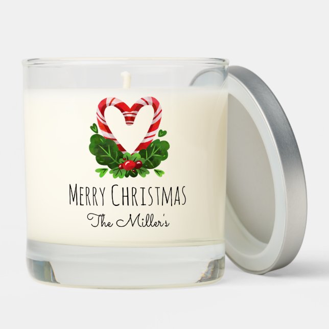 Candy Cane Heart Merry Christmas Name Festive Scented Candle (Lid)