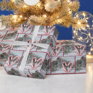 Candy Cane Heart On Barnwood Wrapping Paper